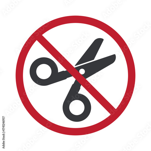 Isolated prohibition pictogram showing forbidden scissors symbol, warning sign for no sharp objects, safety restriction in public, indoor, school or airport areas.