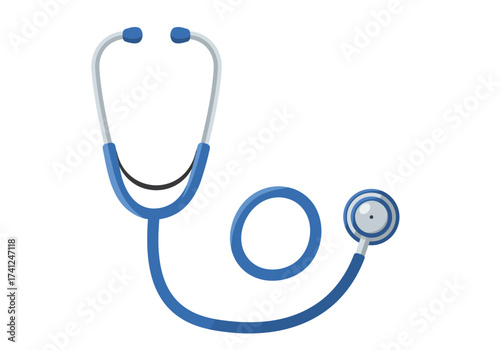Blue and silver stethoscope on a white background.