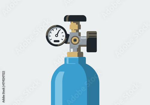 Close up of a blue gas cylinder with a pressure gauge and valve.