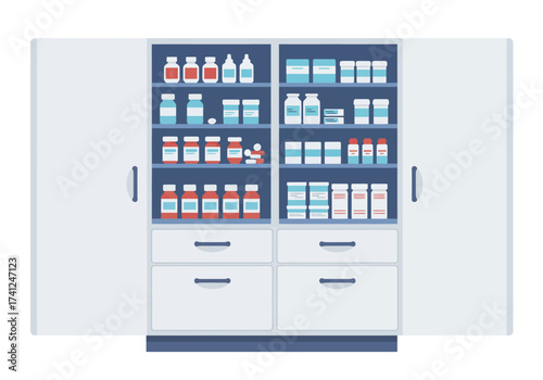 Medical cabinet filled with various medicines and pharmaceutical supplies for healthcare.