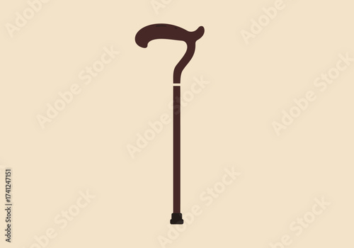 Illustration of a Brown Walking Cane with Curved Handle.