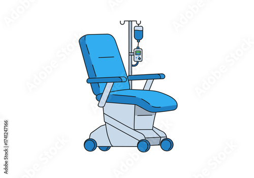Illustration of a Blue Medical Infusion Chair with IV Drip.