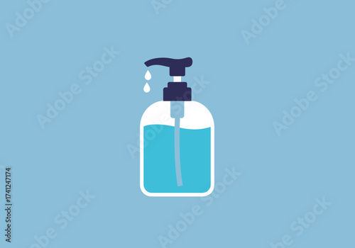 Hand sanitizer dispenser with blue liquid ready for use.