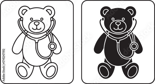 Illustration of a teddy bear wearing a stethoscope, presented in both black and white versions ideal for healthcare, childrens themes, or educational materials on