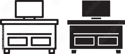 Illustration of a tv stand with a television on top, presented home theater in both black and white versions suitable for home decor, furniture, or entertainment themes on