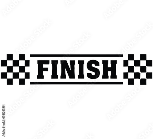 A black and white finish line graphic with checkered flags on either side of the word finish vector illustration