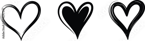 Stylized heart icons set, brushstroke texture, solid black heart, artistic love symbols, emotional design, romantic illustration, graphic art elements