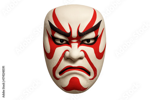 Japanese kabuki mask depicting strong emotion on transparent background