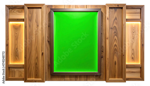 Wooden Wall Panel with Green Screen and Illuminated Side Sections.