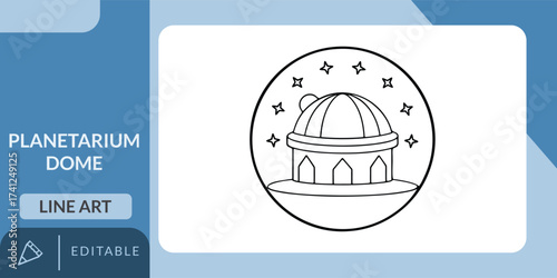 Line art illustration of a planetarium dome with stars above