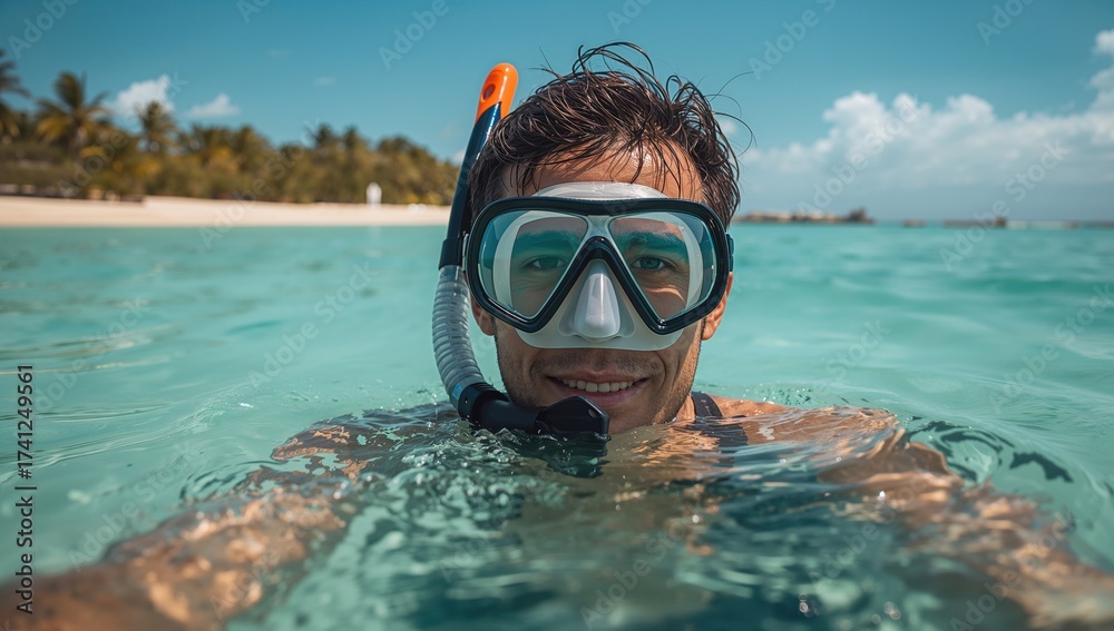 Fototapeta premium Man enjoying summer vacation snorkeling in clear turquoise water with tropical beach background under sunny sky. Smiling and posing for the camera while swimming.