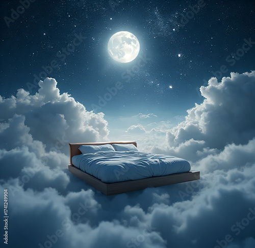 A large bed promising restful sleep under the night sky. Dreams. Dreamy. Restful sleep. Comfortable. Falling asleep. Dimly lit. Relaxation.
