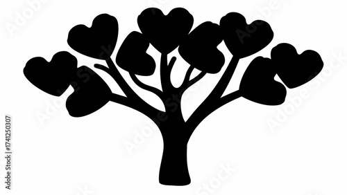 A silhouette of a tree with heart shaped leaves standing against a white background in monochrome style