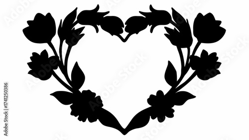 Floral heart shaped frame with black silhouettes of flowers and leaves on a white background design