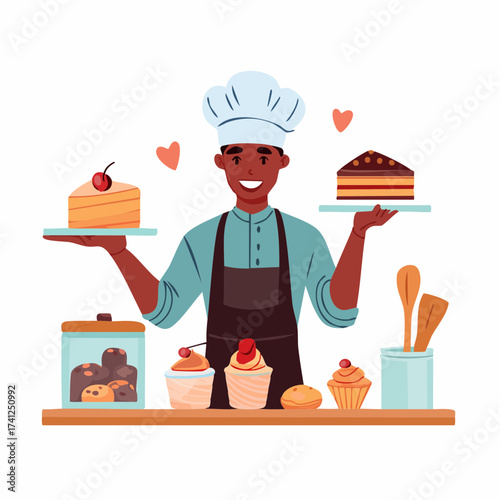 Baker presenting cakes and pastries with happy expression