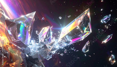 Exploding Crystal Shards with Rainbow Refractions in Cosmic Nebula.