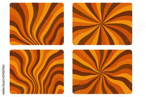 Set of four groovy autumn patterns. Retro 70s abstract background collection with wavy lines and sunburst design. Vintage psychedelic graphic in warm orange and brown tones.