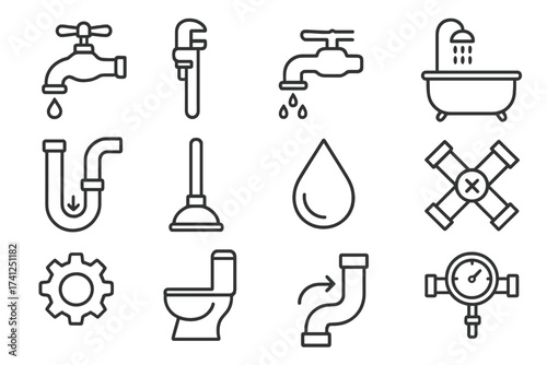 Plumbing service line icon set. Bathroom fixtures and repair tools. Vector outline symbols for water work. Faucet, pipe, toilet, shower, wrench, plunger, pressure gauge.