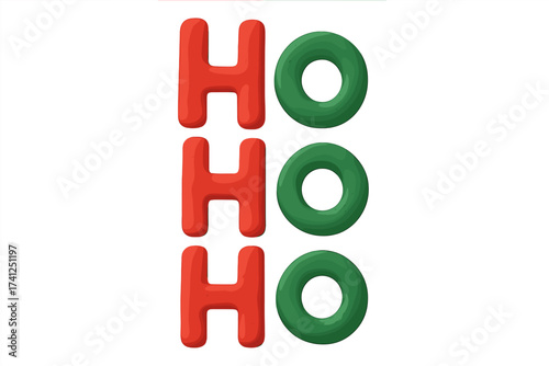 Ho Ho Ho Santa Claus laugh Christmas greeting. Festive 3D clay lettering typography. Xmas holiday fun cute text design element. Red and green plasticine letters isolated.