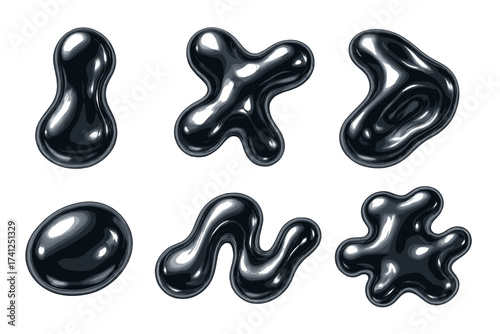 Dark chrome liquid 3D shapes set in Y2K style. Realistic metal silver melt fluid form. Aesthetic futuristic design elements. Abstract blobs, glossy drops, and chrome splashes.