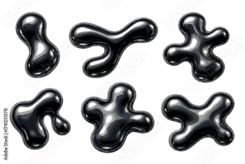 Dark chrome liquid 3d shapes set in Y2K style. Realistic metal silver melt fluid form. Abstract amorphous blobs in aesthetic futuristic brutalism design. 3d render icons.