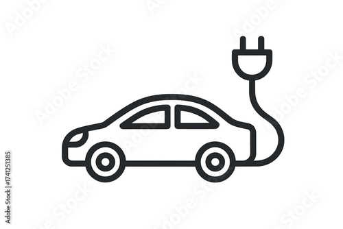 Electric car icon. EV charge concept. Outline illustration of electrical automobile with cable and plug. Charging station symbol. Eco friendly sustainable green energy transport.