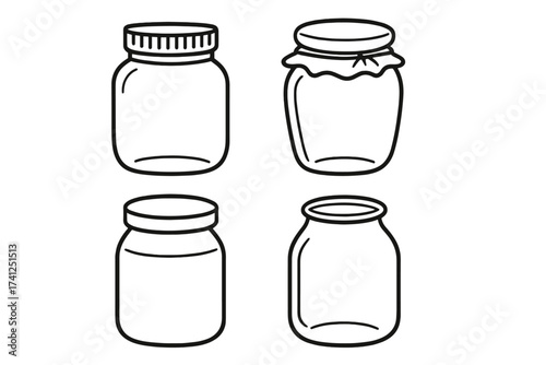 Collection of glass jar line icons. Vector illustration set of empty and closed containers for canning, jam, and food preservation. Outline doodle drawing for storage concepts.