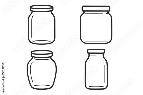 Glass jar line icon set. Empty container collection for food storage, preserving, and canning. Vector outline illustration for logo, app, web. Minimalist kitchenware graphic.