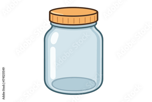 Empty glass jar with lid vector illustration. Cartoon icon for food storage, canning, and preserving. Kitchen container for jam, pickles, or honey. Isolated clipart graphic.