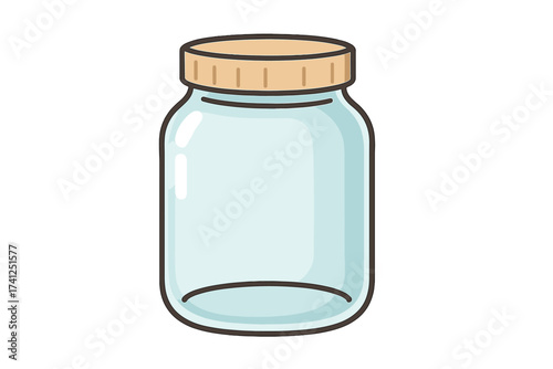 Empty glass jar vector illustration. Transparent container with lid for canning, jam, honey, or food storage. Kitchenware preserve icon for web, apps, or infographics.