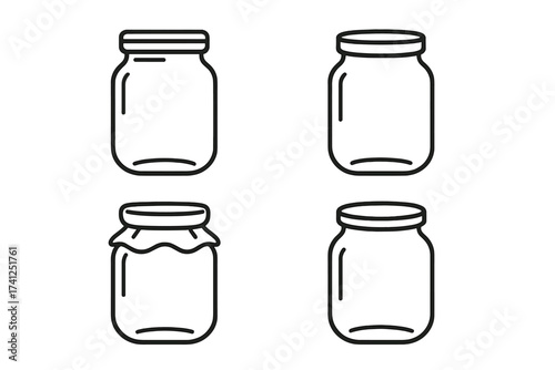 Set of isolated glass jar line icons. Vector illustration for kitchen, food storage, and canning. Minimalist symbols for jam, honey, or preserves. Outline design for web, app.