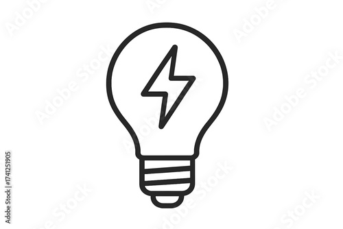 Lightbulb with lightning bolt icon. Vector line art symbol for energy, electricity, power, and brainstorming. Concept for creative idea, innovation, thinking, and solution.