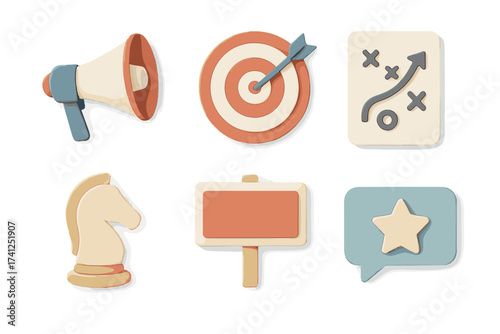 Marketing web concept 3d icon set. Business strategy and advertising pictograms. Targeting, planning, feedback, rating. Chess knight, megaphone, target, banner vector elements.