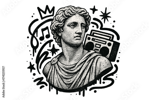 Modern tee print of antique statue with dotted halftone effect. Urban music graffiti for streetwear. T-shirt and hoodie print. Vector illustration with boombox ghetto blaster.