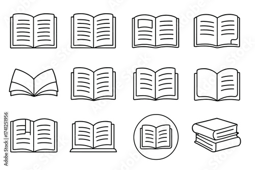Book icon set. Open book and reading symbols for education and literature. Vector line art collection for knowledge, learning, and library concepts. Editable stroke pictograms.