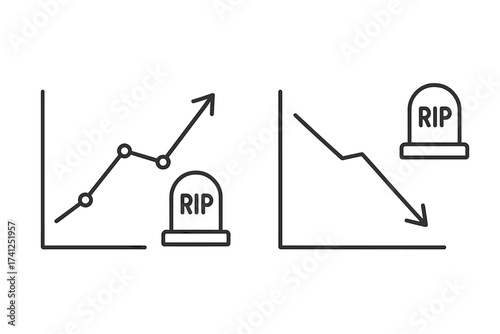 Mortality rate trends analysis graphic. Death rate statistics icon set. Increasing and decreasing chart with arrow and tombstone. Health and death data vector illustration.