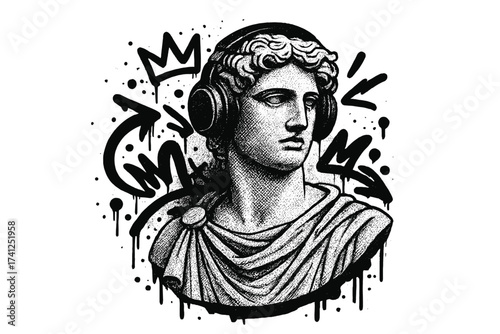 Streetwear t-shirt print with antique statue in headphones. Urban music graffiti concept. Classic Apollo bust with modern twist. Vector illustration for apparel and posters.