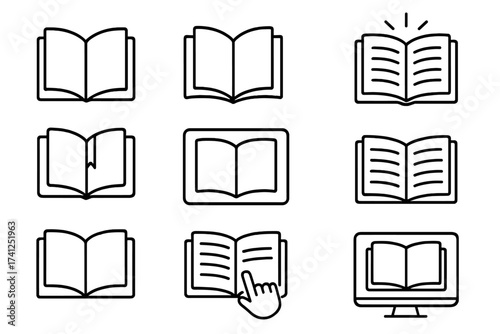 Book line icon set. Open book, library, reading, and e-learning symbols. Editable stroke vector icons for education, knowledge, study, literature, website and app UI design.