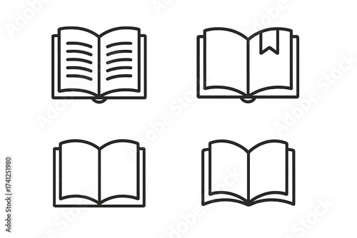 Book icon set. Open book line icons for reading, study, learning. Knowledge and education concept. Library, dictionary, literature symbol. Editable stroke vector illustration.