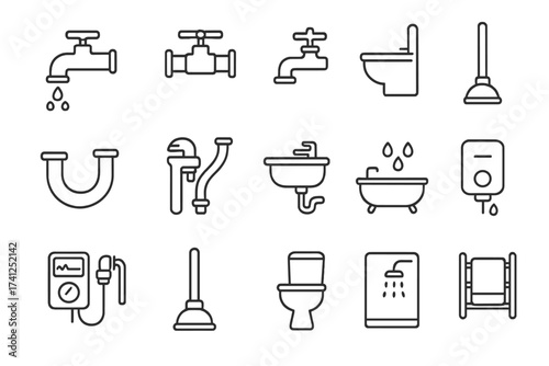 Plumbing service icon set. Bathroom fixtures and equipment line icons. Faucet, toilet, sink, pipe, shower. Plumber repair tools. Vector outline illustration collection.