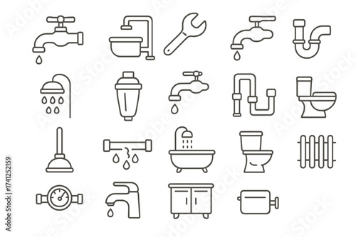 Plumbing service and bathroom fixtures line icon set. Sanitary engineering vector symbols. Faucet, pipe, toilet, sink, shower, wrench. Editable stroke outline illustration.
