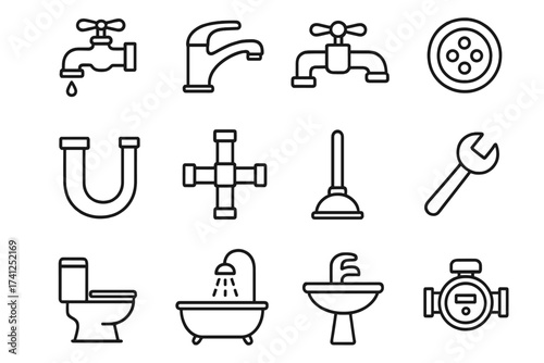 Plumbing and bathroom line icon set. Vector symbols of faucet, pipe, toilet, sink, bath, wrench, and plunger. Editable stroke illustration for web and apps. Sanitary ware.