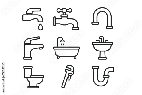 Plumbing and bathroom line icon set. Vector collection of sanitary fixtures like faucet, sink, toilet, and bath. Includes pipe, wrench for repair. Outline symbol for web and app.