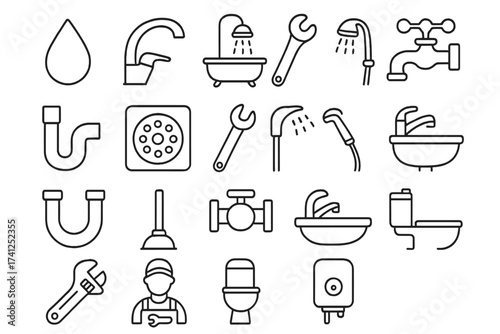 Plumbing service and bathroom fixtures line icon set. Plumber tools, sanitary engineering, and home repair elements. Faucet, toilet, sink, pipe, and shower vector icons.