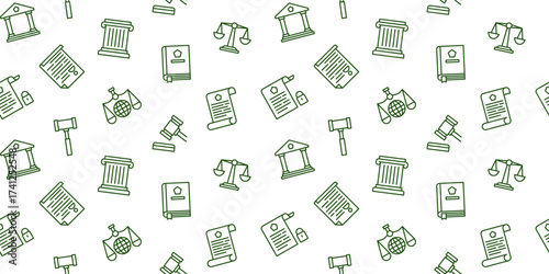 Seamless Law and Justice Icon Pattern, Legal Business Line Art Background, Green Doodle Texture for Attorney or Court Digital Wallpaper Design