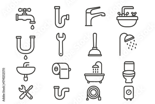 Plumbing and Bathroom Thin Line Icons Collection. Editable Stroke Vector Set of Faucet, Sink, Shower, Toilet, Pipes, Tools, and Accessories. Suitable for Web, Books, Cards, and Apps Design