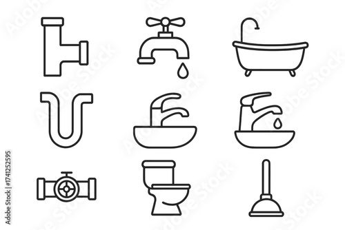 Plumbing and Bathroom Faucet Thin Icon Set, Editable Stroke Vector Collection for Web, Books, Cards, Apps, Cartoon Style, Transparent Background, Modern Simple Plumbing Symbols