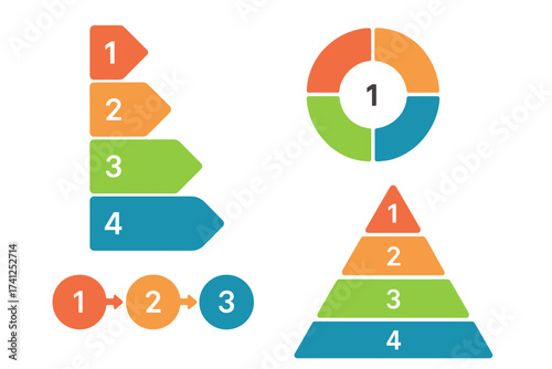 Colorful numbered infographic banners set, transparent background, ordered sequence vector illustration with circular, pyramid, arrow, and segmented diagram shapes for data presentation and marketing