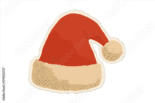 Vintage Santa Claus Hat Sticker, Nostalgic Christmas Torn Paper Collage Style, Red Wool Cap with Beige Fluffy Trim and Pom Pom, Holiday Festive Vector Illustration
