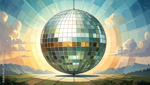 Mirrored sphere in serene landscape